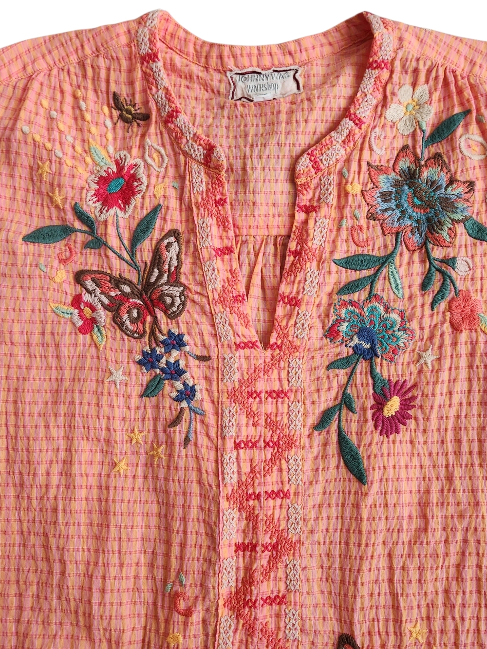 Johnny Was Floral Embroidered Blouse Tunic Top XL Orange Butterflies Cheetah 
